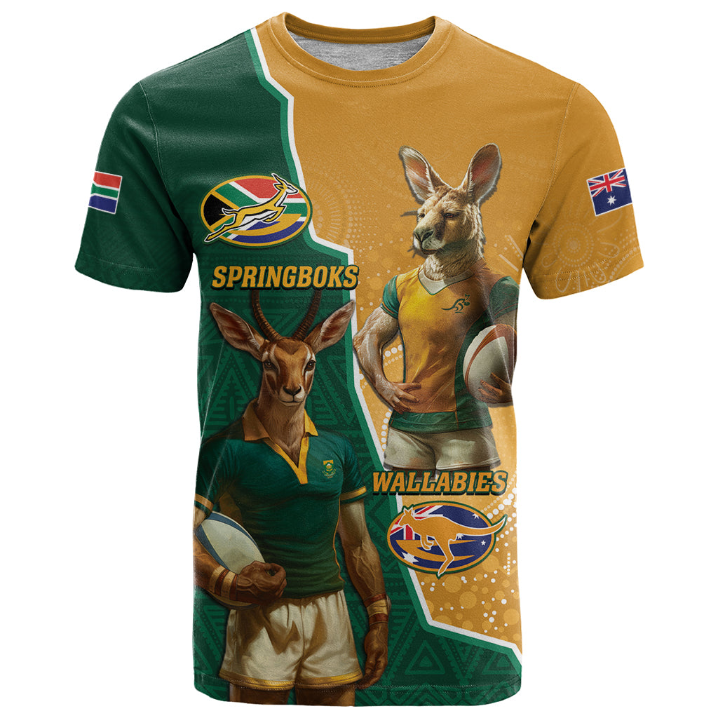 Personalised South Africa And Australia Rugby T Shirt 2024 Springboks Wallabies Mascots Together