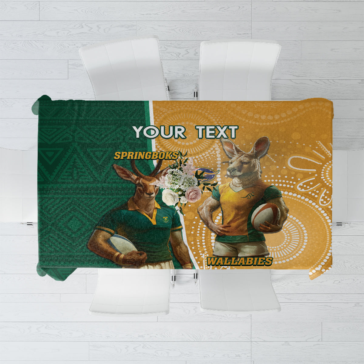 Personalised rugby tablecloth, green and gold with mascots and “YOUR TEXT”.