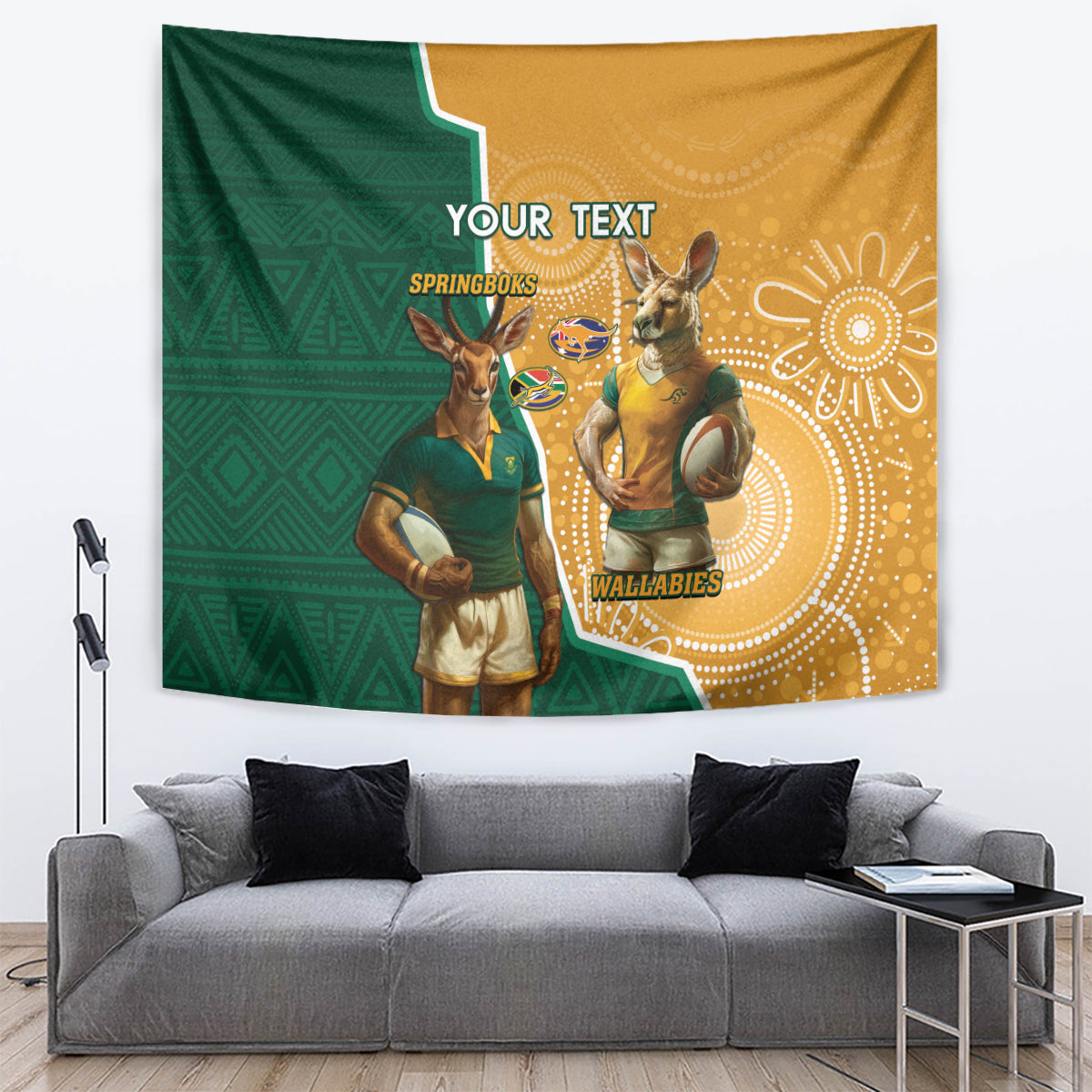 Rugby wall tapestry showing two mascot figures and a dotted sunburst pattern in green and gold