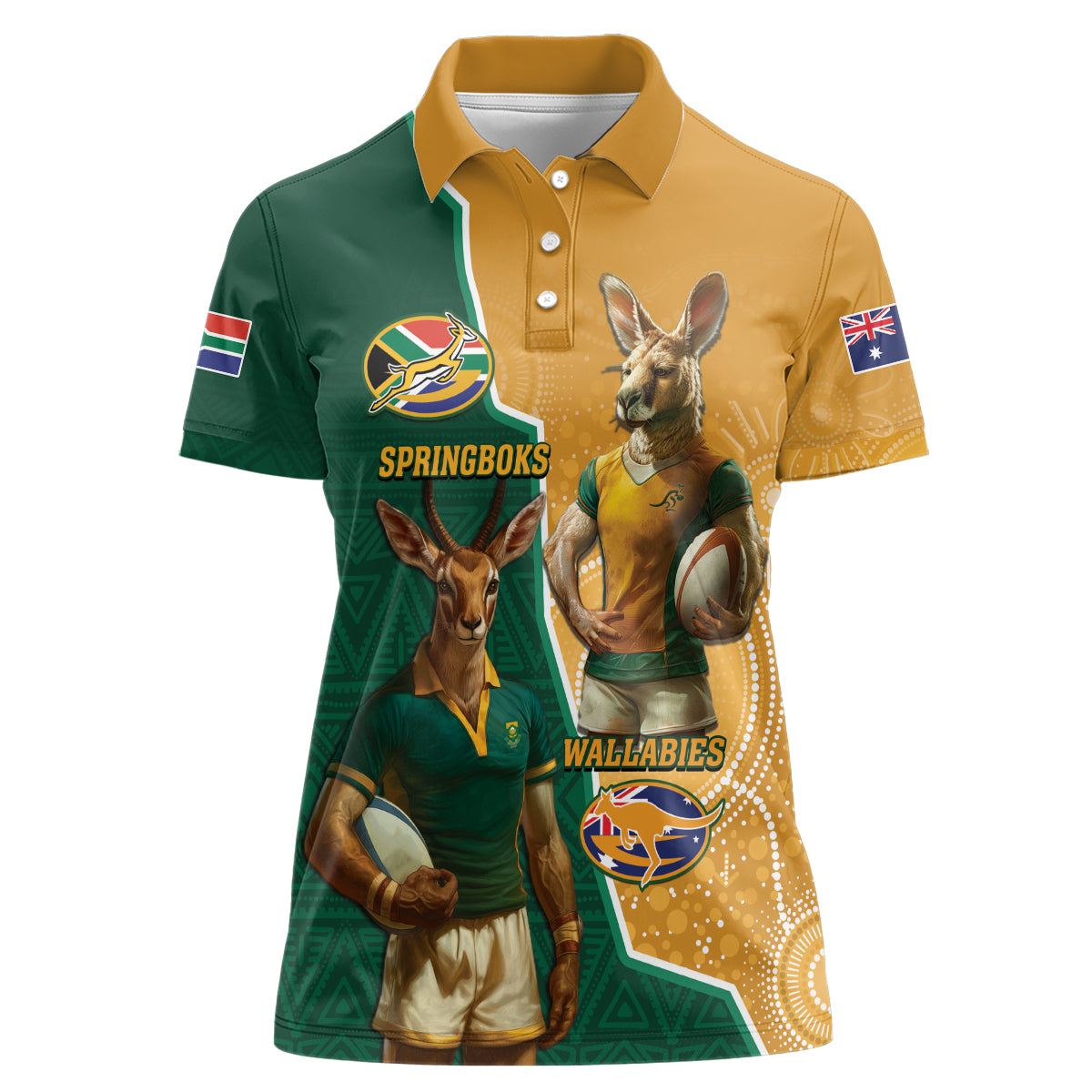 Personalised South Africa And Australia Rugby Women Polo Shirt 2024 Springboks Wallabies Mascots Together