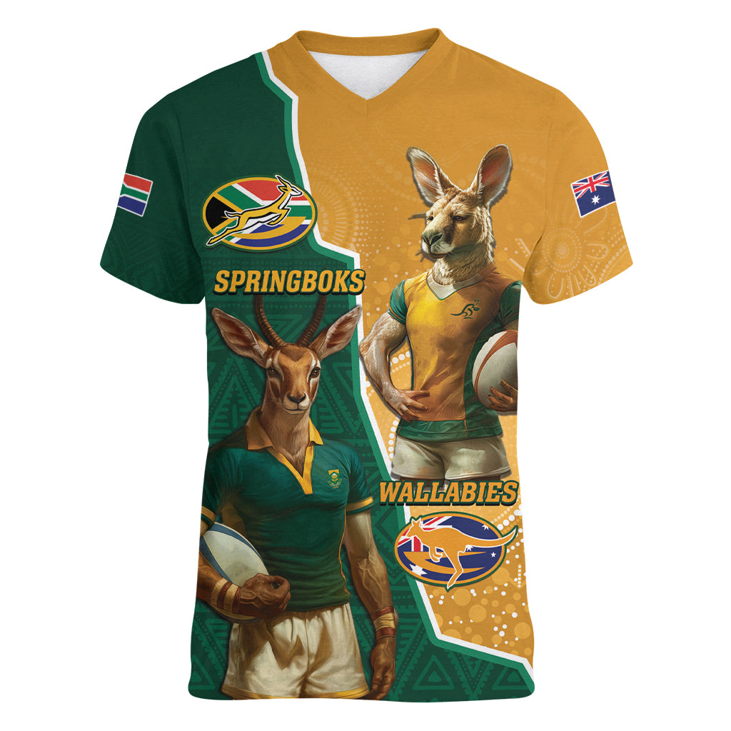 Personalised South Africa And Australia Rugby Women V-Neck T-Shirt 2024 Springboks Wallabies Mascots Together