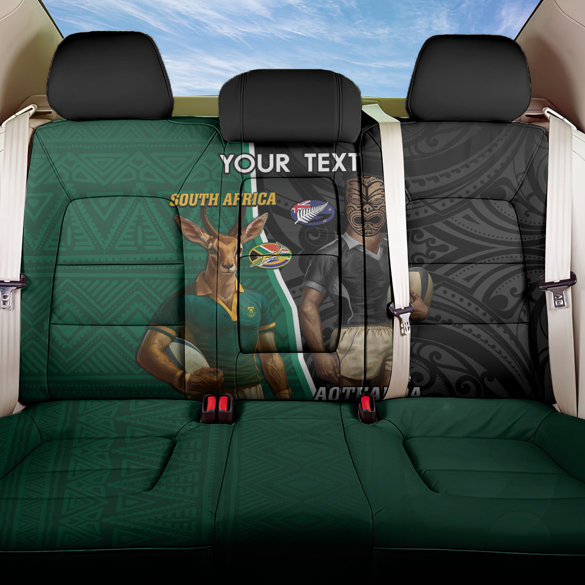 Personalised New Zealand And South Africa Rugby Back Car Seat Cover 2024 All Black Springboks Mascots Together - Wonder Print Shop