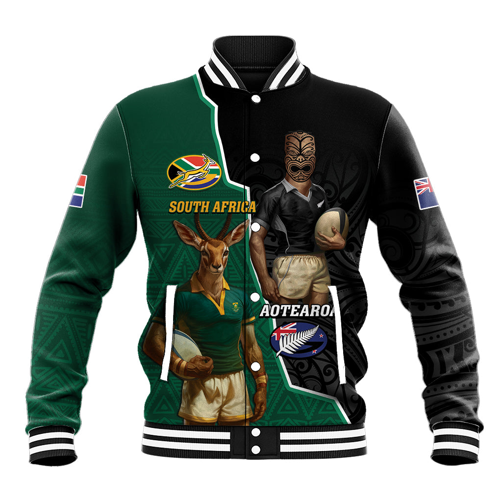 Green and black snap-front baseball jacket with South Africa crest, mascots, and striped collar