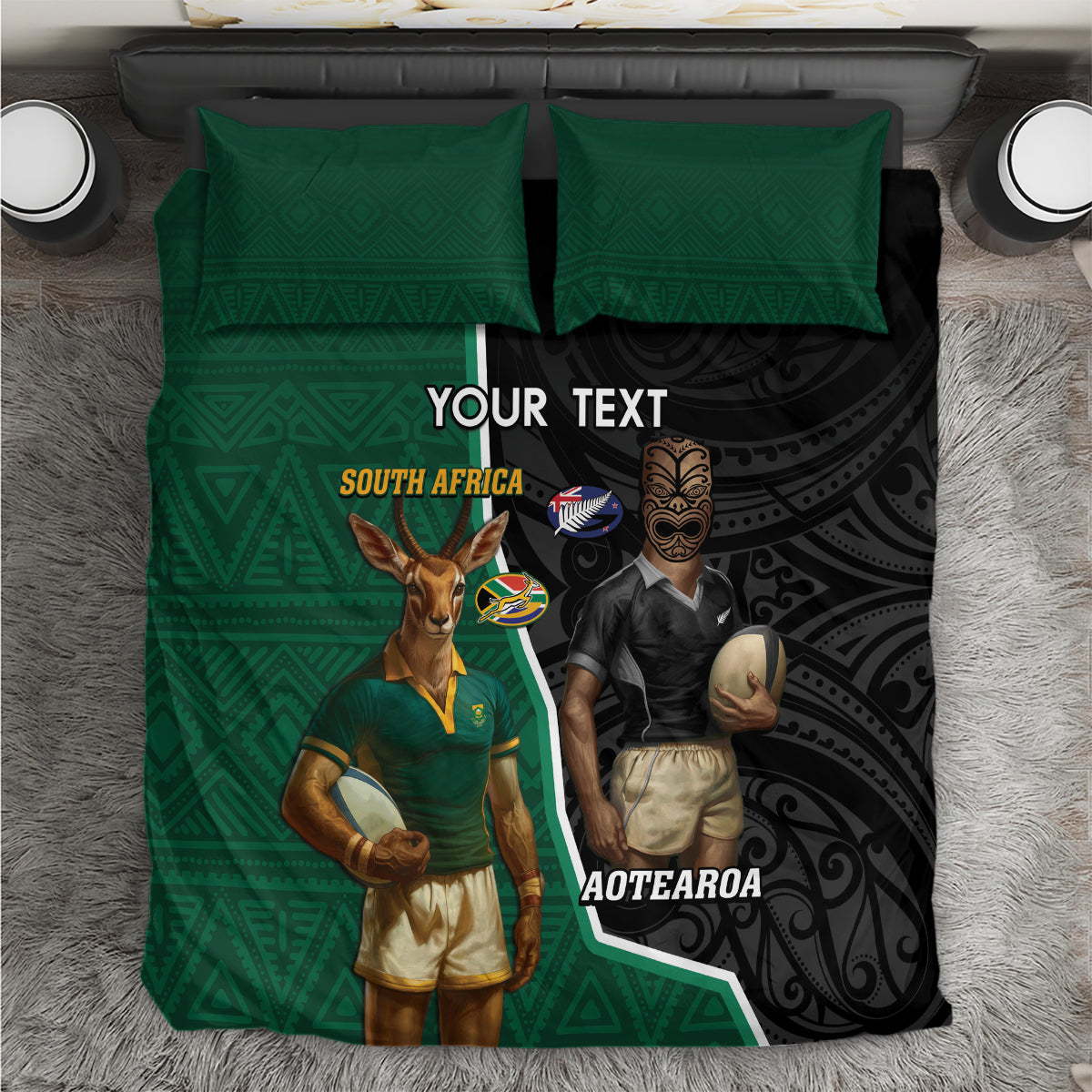 Personalised New Zealand And South Africa Rugby Bedding Set 2024 All Black Springboks Mascots Together - Wonder Print Shop