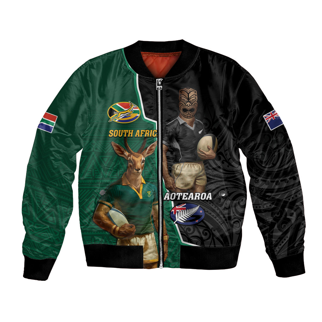 Two-tone rugby bomber jacket, green and black with full-zip and mascot graphic sleeves