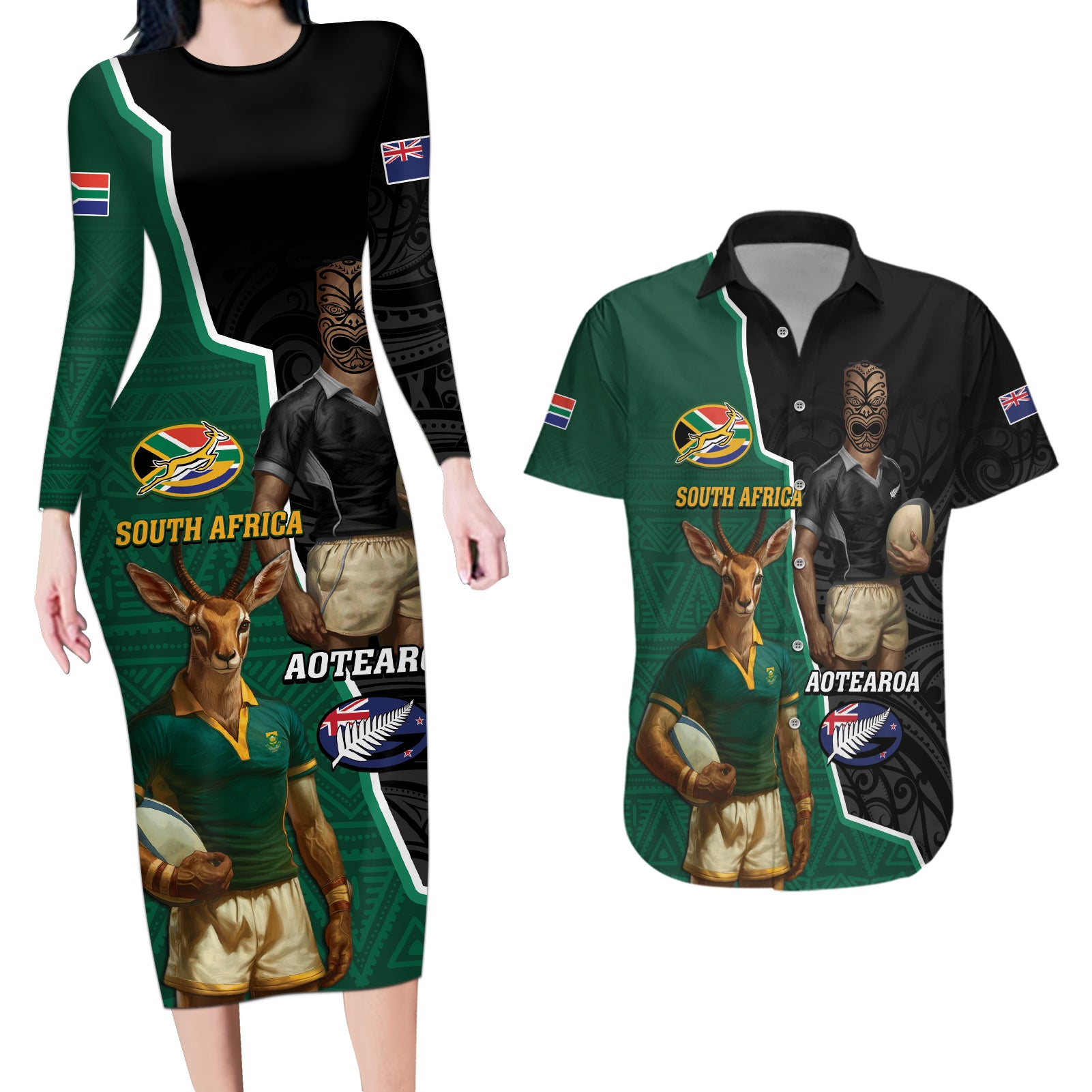 Personalised New Zealand And South Africa Rugby Couples Matching Long Sleeve Bodycon Dress and Hawaiian Shirt 2024 All Black Springboks Mascots Together - Wonder Print Shop