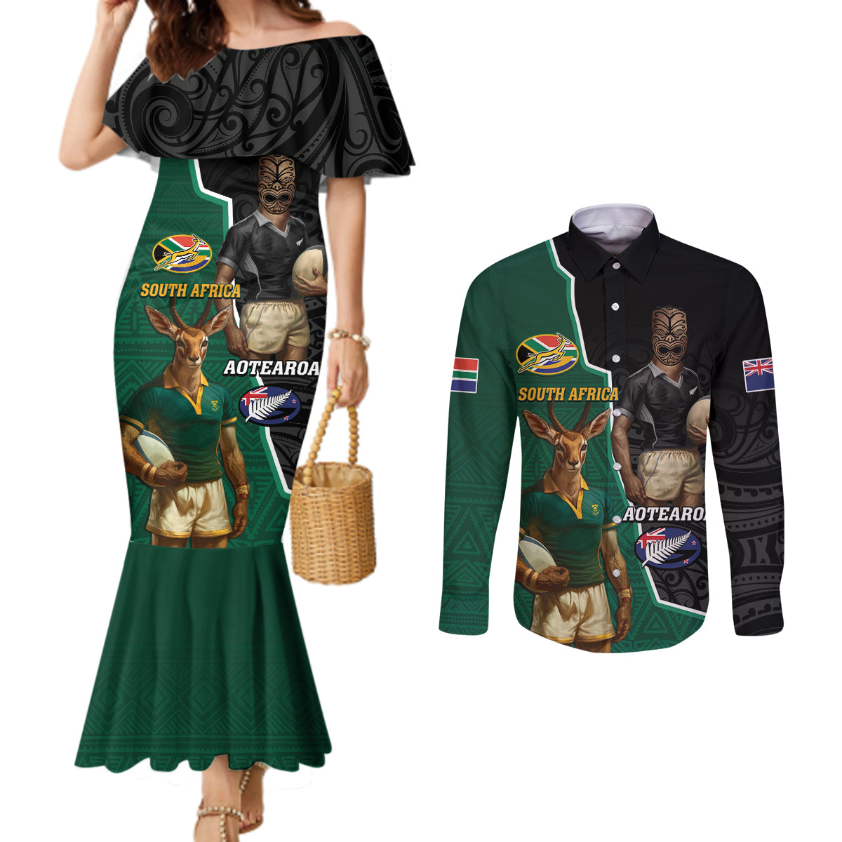 Personalised New Zealand And South Africa Rugby Couples Matching Mermaid Dress and Long Sleeve Button Shirt 2024 All Black Springboks Mascots Together