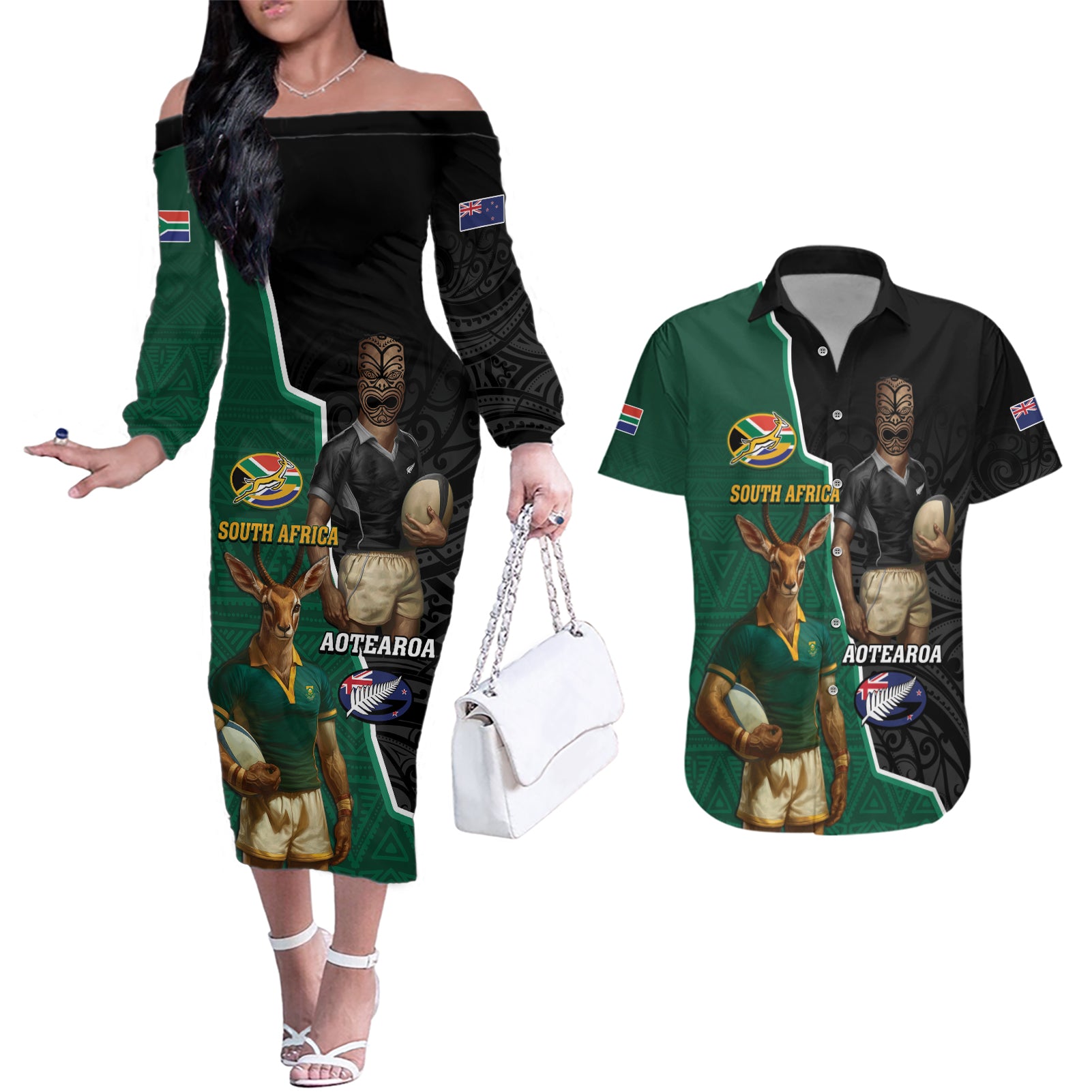 Personalised New Zealand And South Africa Rugby Couples Matching Off The Shoulder Long Sleeve Dress and Hawaiian Shirt 2024 All Black Springboks Mascots Together - Wonder Print Shop