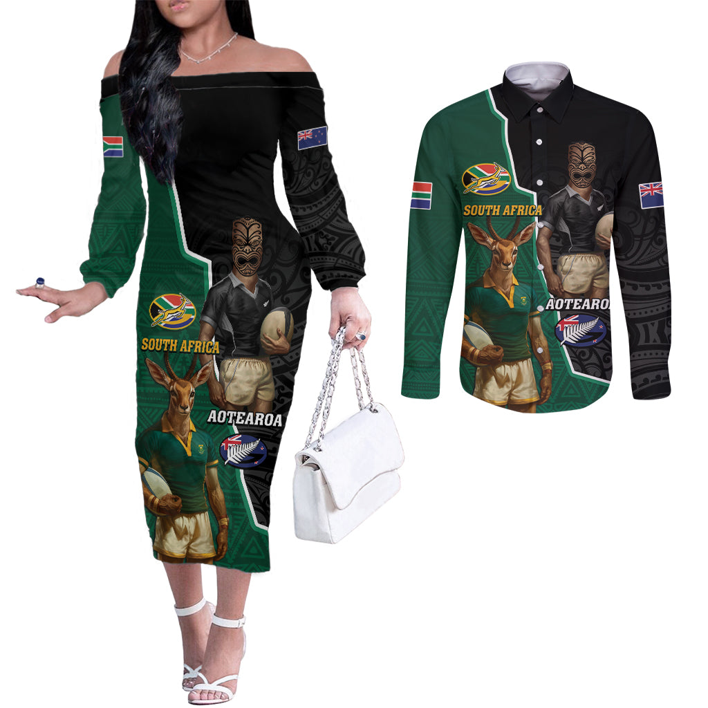 Personalised New Zealand And South Africa Rugby Couples Matching Off The Shoulder Long Sleeve Dress and Long Sleeve Button Shirt 2024 All Black Springboks Mascots Together