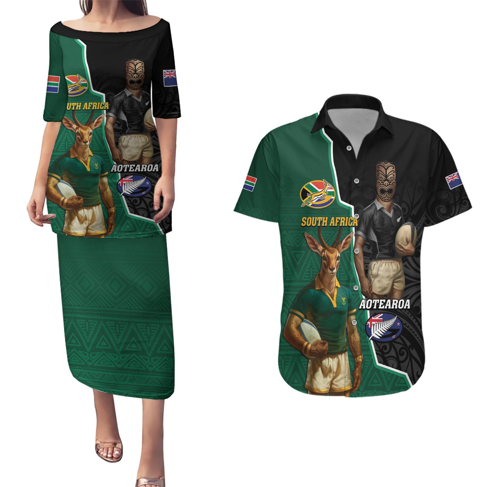 Personalised New Zealand And South Africa Rugby Couples Matching Puletasi and Hawaiian Shirt 2024 All Black Springboks Mascots Together - Wonder Print Shop