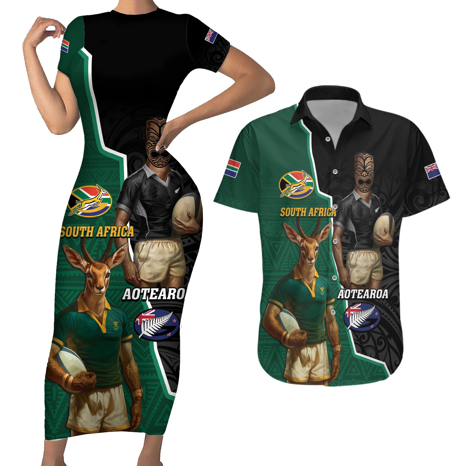 Personalised New Zealand And South Africa Rugby Couples Matching Short Sleeve Bodycon Dress and Hawaiian Shirt 2024 All Black Springboks Mascots Together - Wonder Print Shop