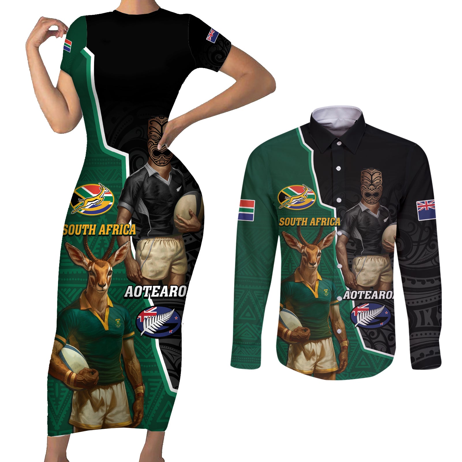 Personalised New Zealand And South Africa Rugby Couples Matching Short Sleeve Bodycon Dress and Long Sleeve Button Shirt 2024 All Black Springboks Mascots Together - Wonder Print Shop