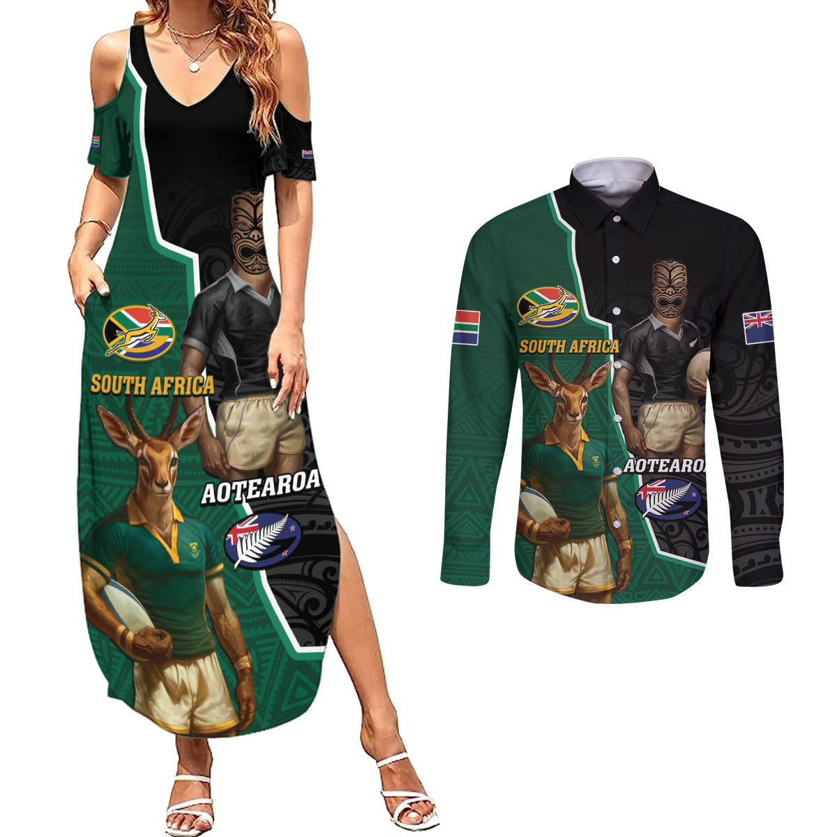 Personalised New Zealand And South Africa Rugby Couples Matching Summer Maxi Dress and Long Sleeve Button Shirt 2024 All Black Springboks Mascots Together - Wonder Print Shop