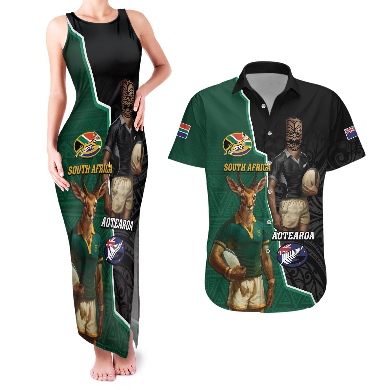 Personalised New Zealand And South Africa Rugby Couples Matching Tank Maxi Dress and Hawaiian Shirt 2024 All Black Springboks Mascots Together - Wonder Print Shop