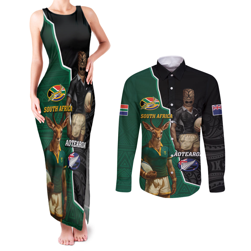 Personalised New Zealand And South Africa Rugby Couples Matching Tank Maxi Dress and Long Sleeve Button Shirt 2024 All Black Springboks Mascots Together - Wonder Print Shop