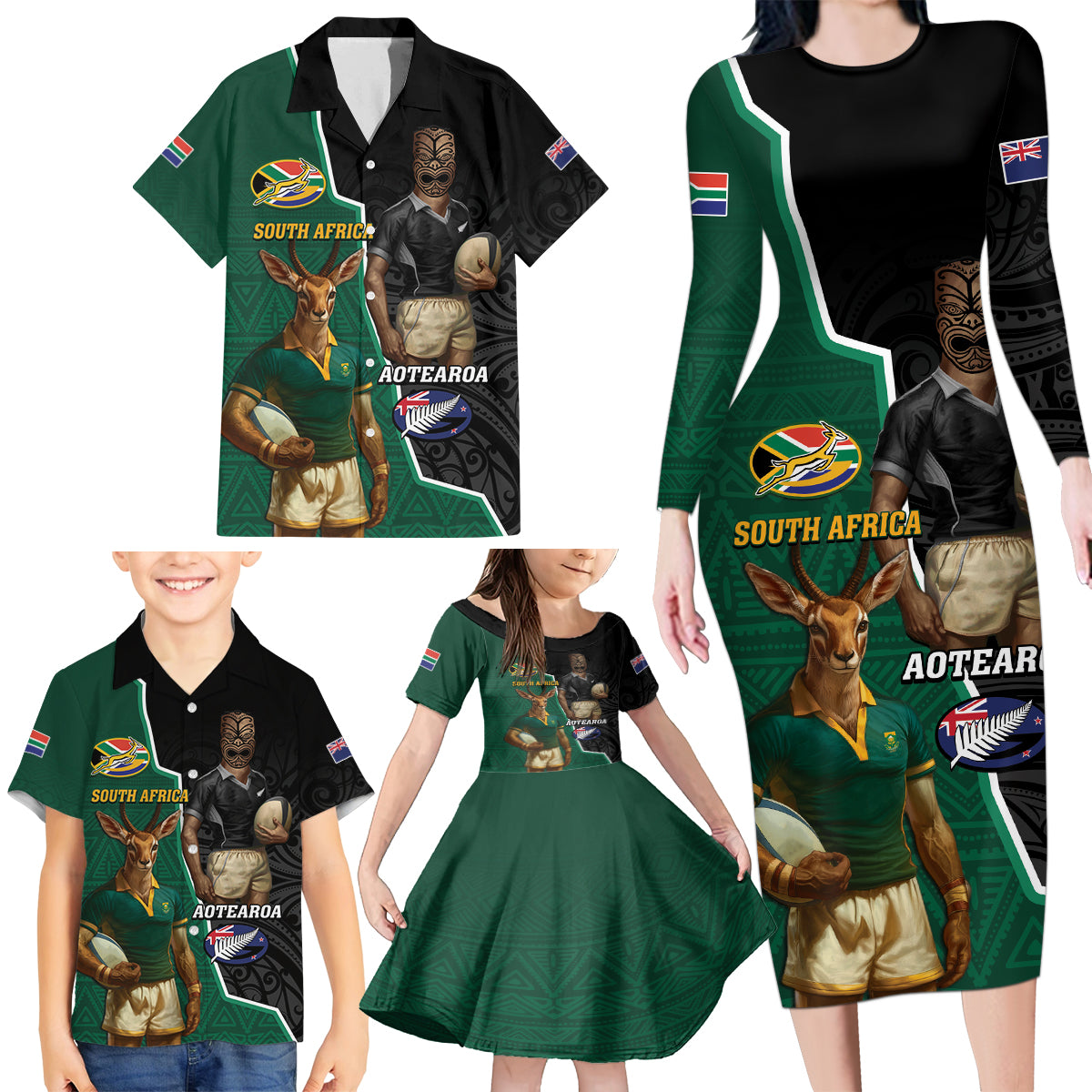 Personalised New Zealand And South Africa Rugby Family Matching Long Sleeve Bodycon Dress and Hawaiian Shirt 2024 All Black Springboks Mascots Together - Wonder Print Shop