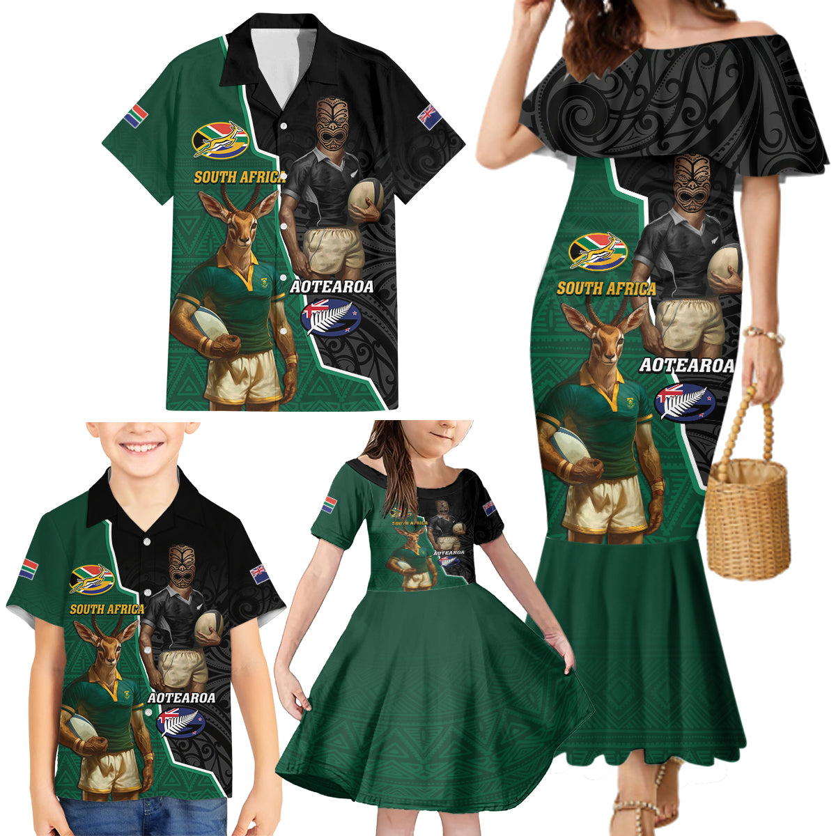 Personalised New Zealand And South Africa Rugby Family Matching Mermaid Dress and Hawaiian Shirt 2024 All Black Springboks Mascots Together - Wonder Print Shop