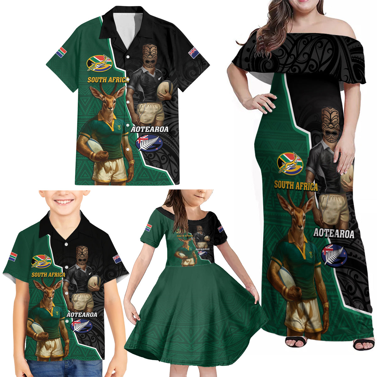 Personalised New Zealand And South Africa Rugby Family Matching Off Shoulder Maxi Dress and Hawaiian Shirt 2024 All Black Springboks Mascots Together - Wonder Print Shop