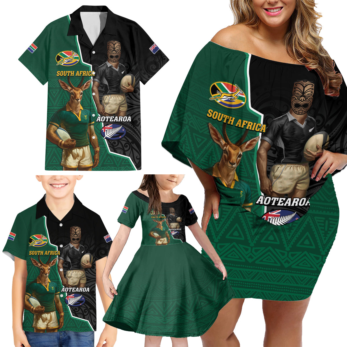 Personalised New Zealand And South Africa Rugby Family Matching Off Shoulder Short Dress and Hawaiian Shirt 2024 All Black Springboks Mascots Together - Wonder Print Shop