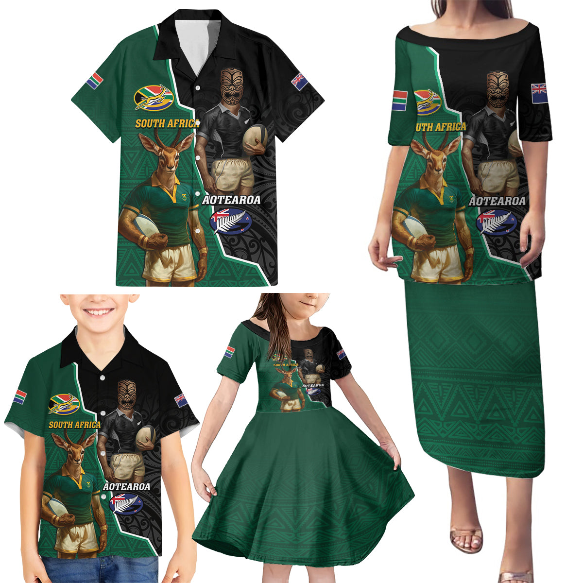 Personalised New Zealand And South Africa Rugby Family Matching Puletasi and Hawaiian Shirt 2024 All Black Springboks Mascots Together - Wonder Print Shop