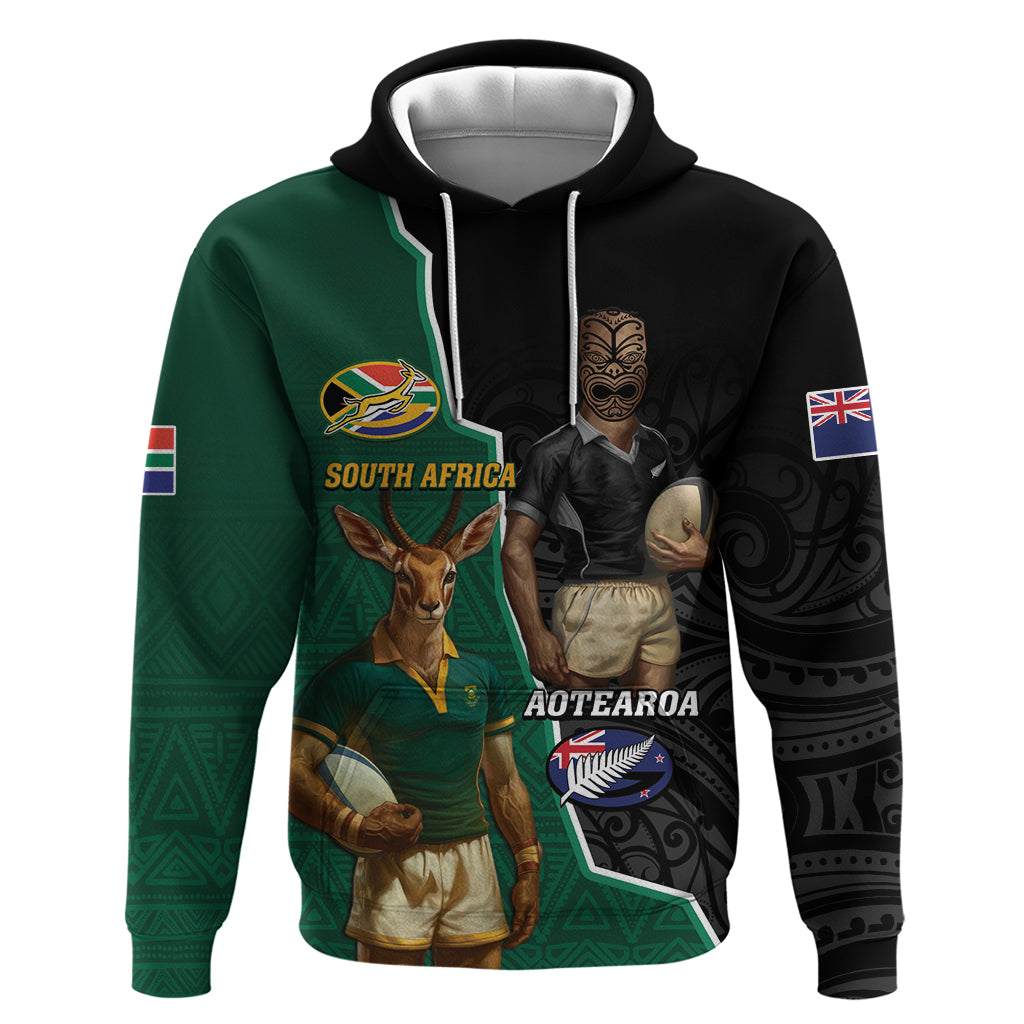 Personalised New Zealand And South Africa Rugby Hoodie 2024 All Black Springboks Mascots Together - Wonder Print Shop