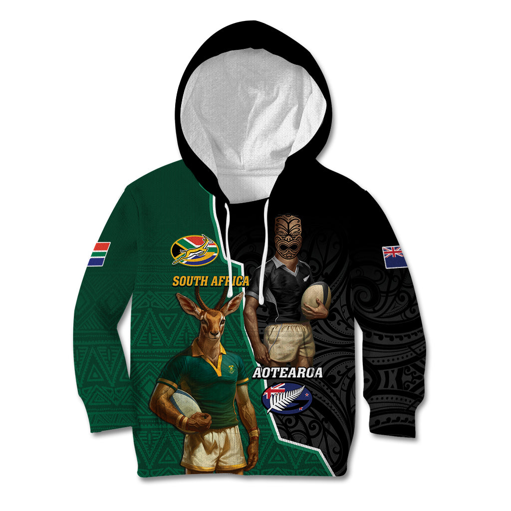 Personalised New Zealand And South Africa Rugby Kid Hoodie 2024 All Black Springboks Mascots Together - Wonder Print Shop