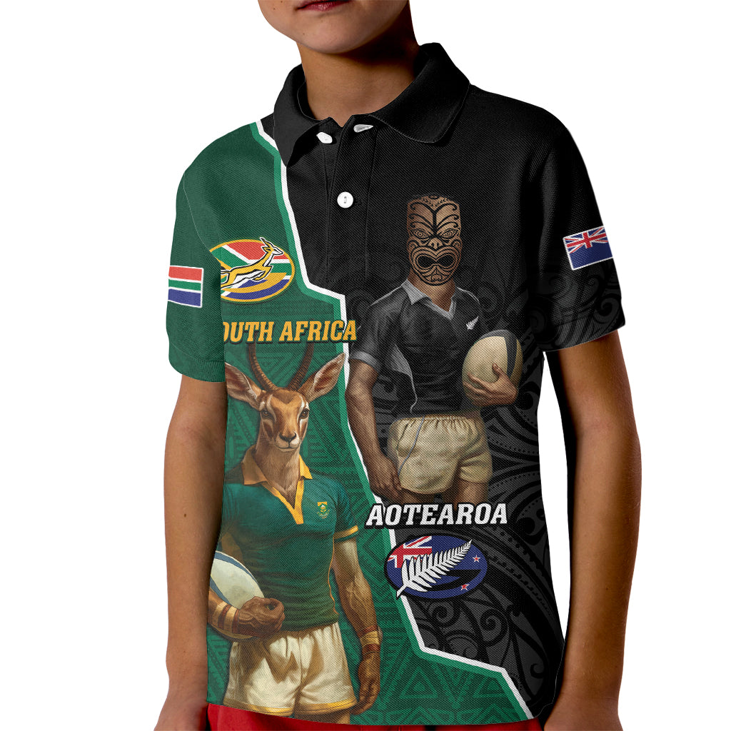 Personalised New Zealand And South Africa Rugby Kid Polo Shirt 2024 All Black Springboks Mascots Together - Wonder Print Shop