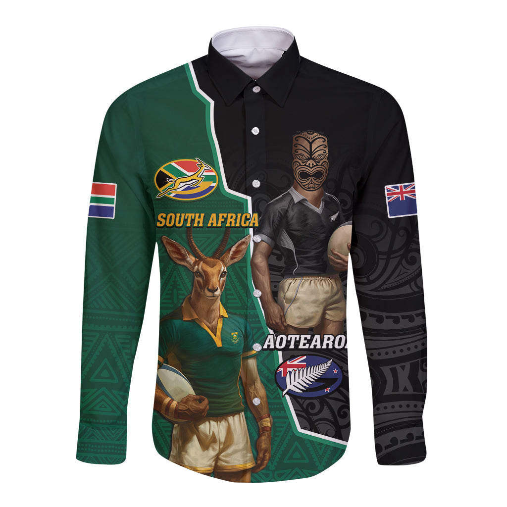 Personalised New Zealand And South Africa Rugby Long Sleeve Button Shirt 2024 All Black Springboks Mascots Together - Wonder Print Shop