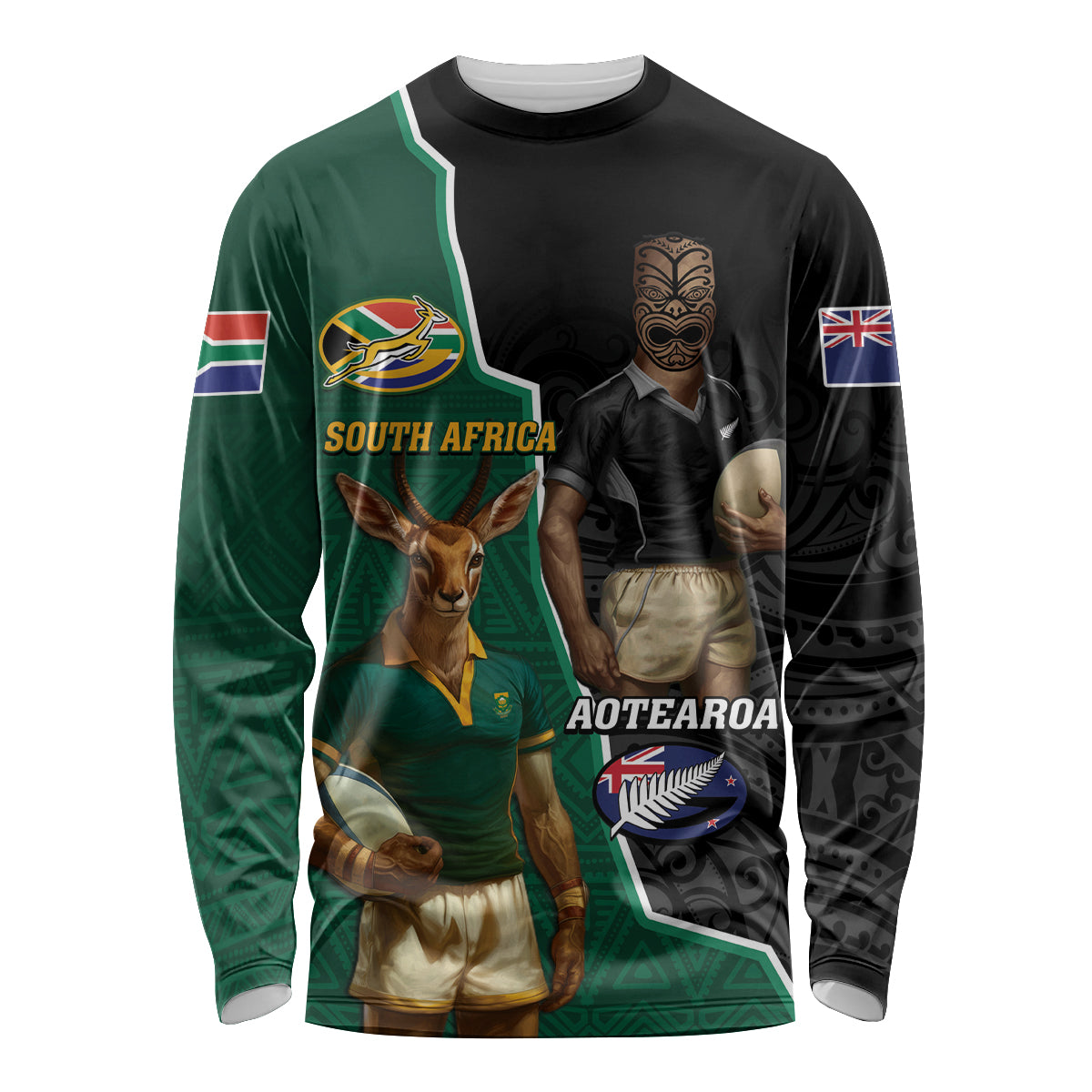 Personalised New Zealand And South Africa Rugby Long Sleeve Shirt 2024 All Black Springboks Mascots Together - Wonder Print Shop