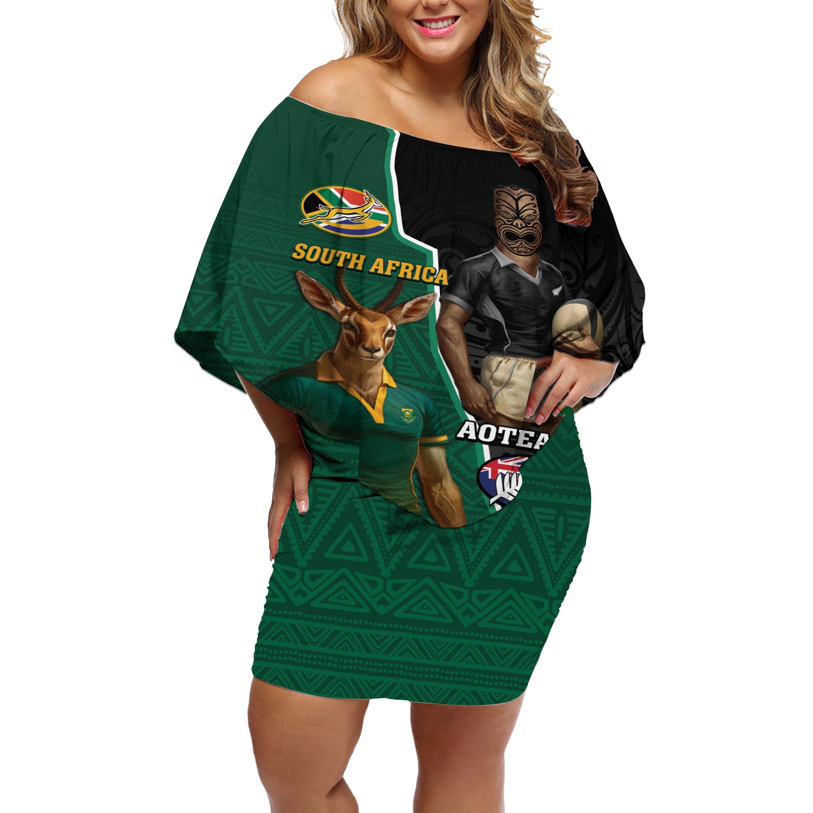 Personalised New Zealand And South Africa Rugby Off Shoulder Short Dress 2024 All Black Springboks Mascots Together - Wonder Print Shop