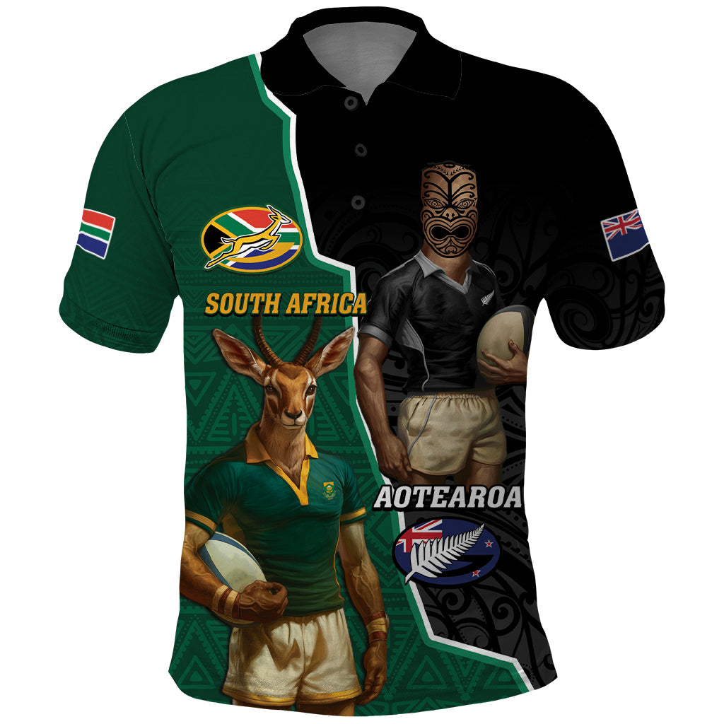 Personalised New Zealand And South Africa Rugby Polo Shirt 2024 All Black Springboks Mascots Together - Wonder Print Shop