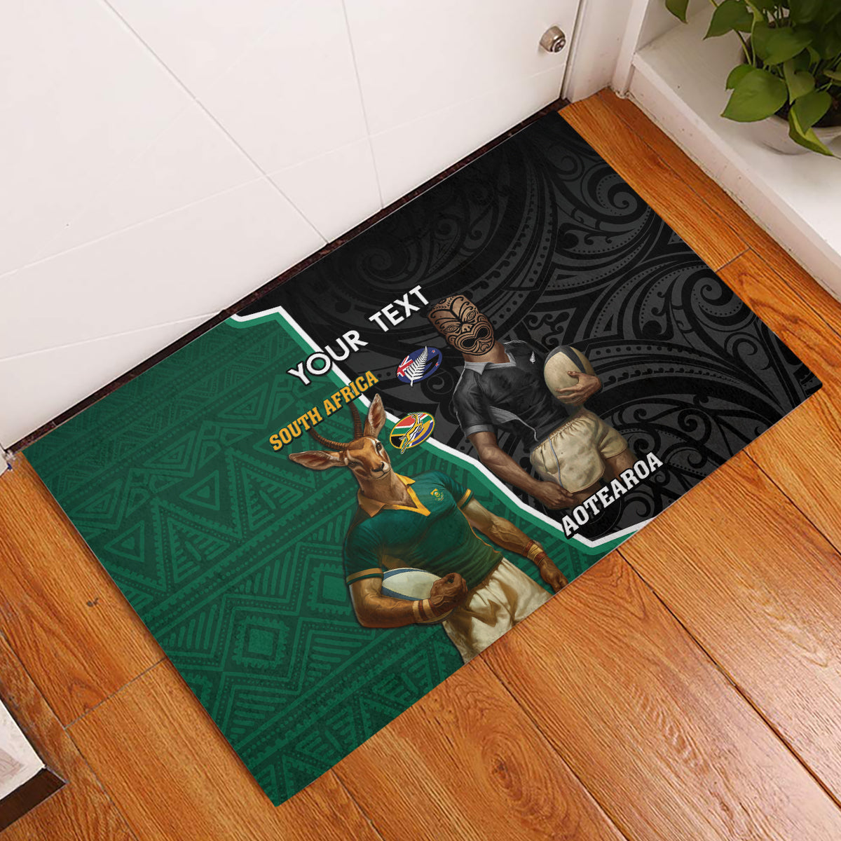 Personalised New Zealand And South Africa Rugby Rubber Doormat 2024 All Black Springboks Mascots Together - Wonder Print Shop