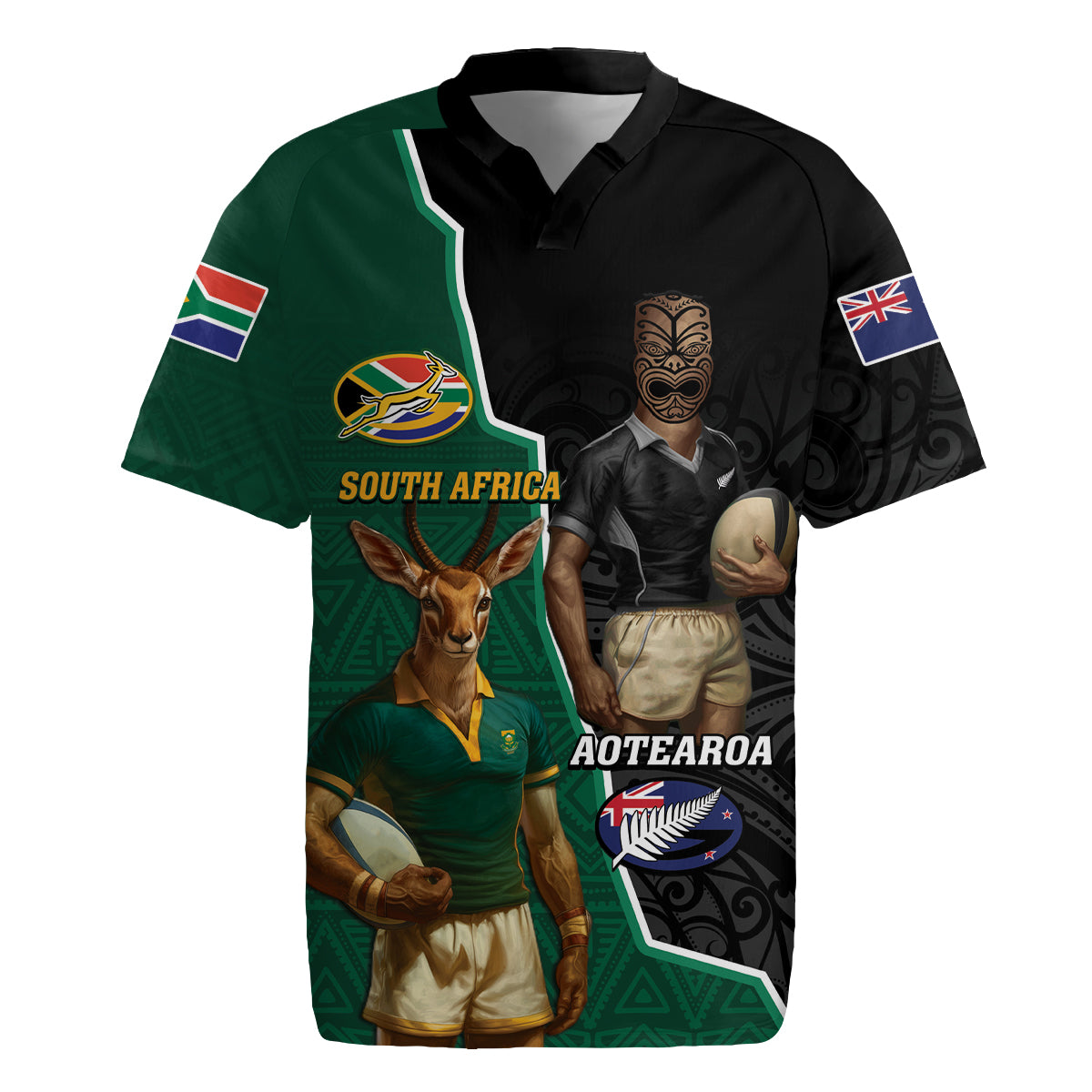 Personalised New Zealand And South Africa Rugby Rugby Jersey 2024 All Black Springboks Mascots Together - Wonder Print Shop