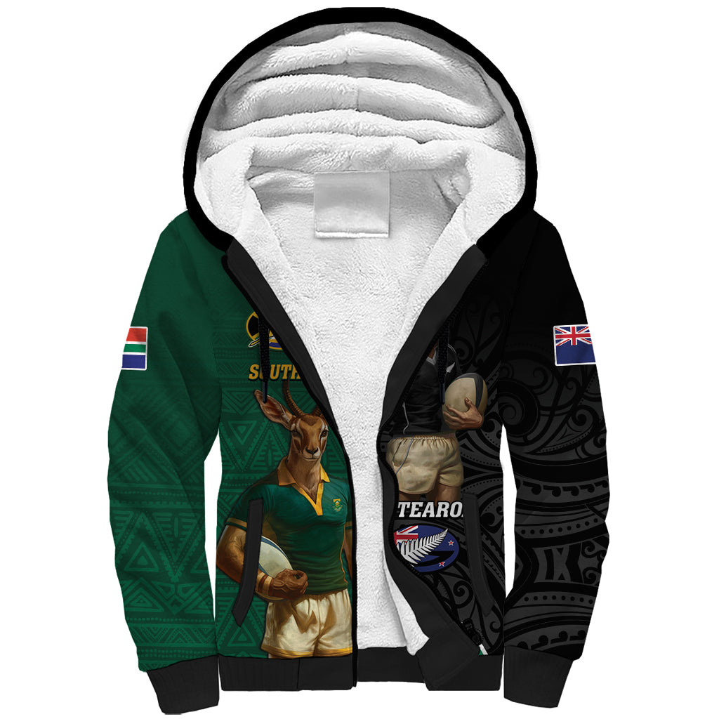 Personalised New Zealand And South Africa Rugby Sherpa Hoodie 2024 All Black Springboks Mascots Together - Wonder Print Shop