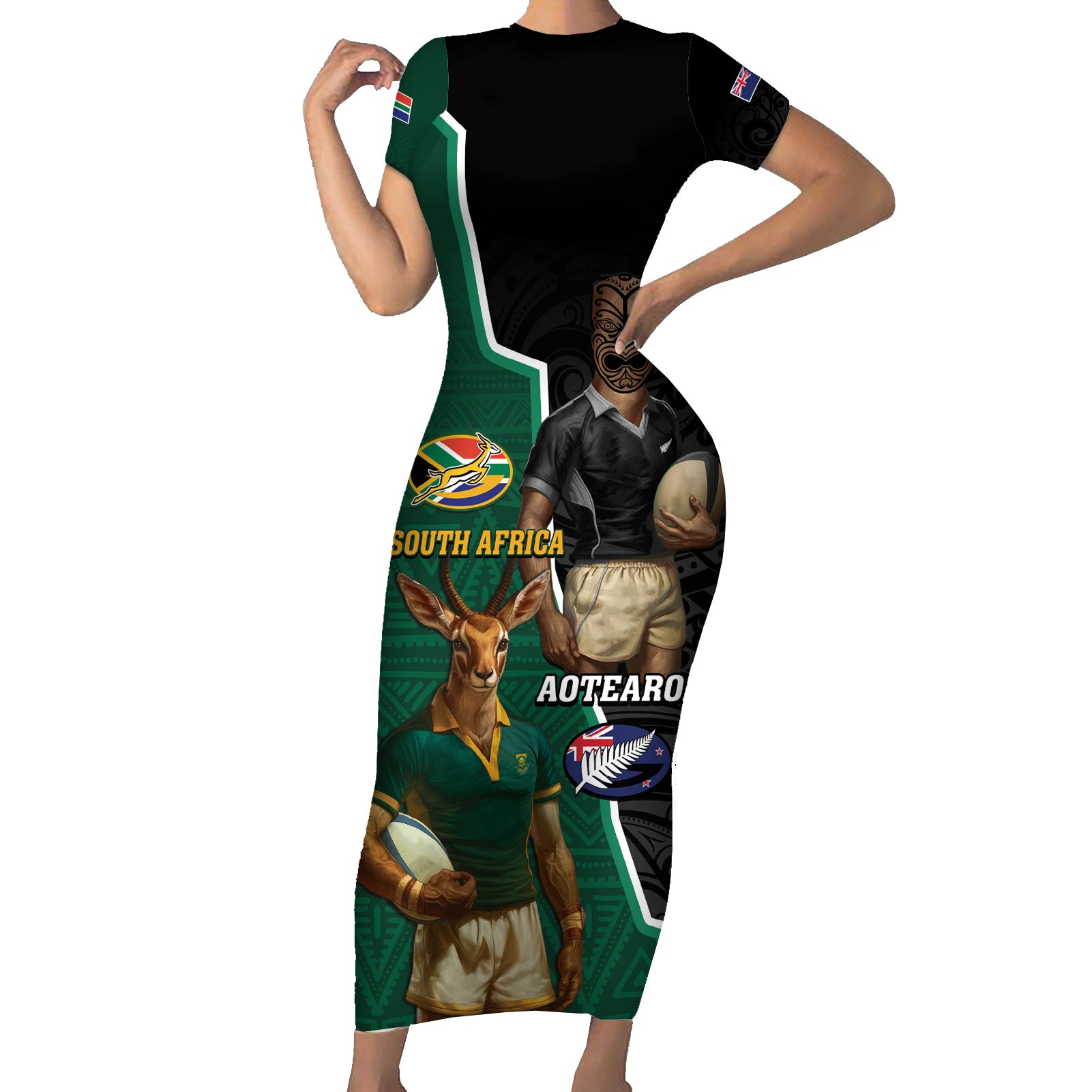 Personalised New Zealand And South Africa Rugby Short Sleeve Bodycon Dress 2024 All Black Springboks Mascots Together - Wonder Print Shop