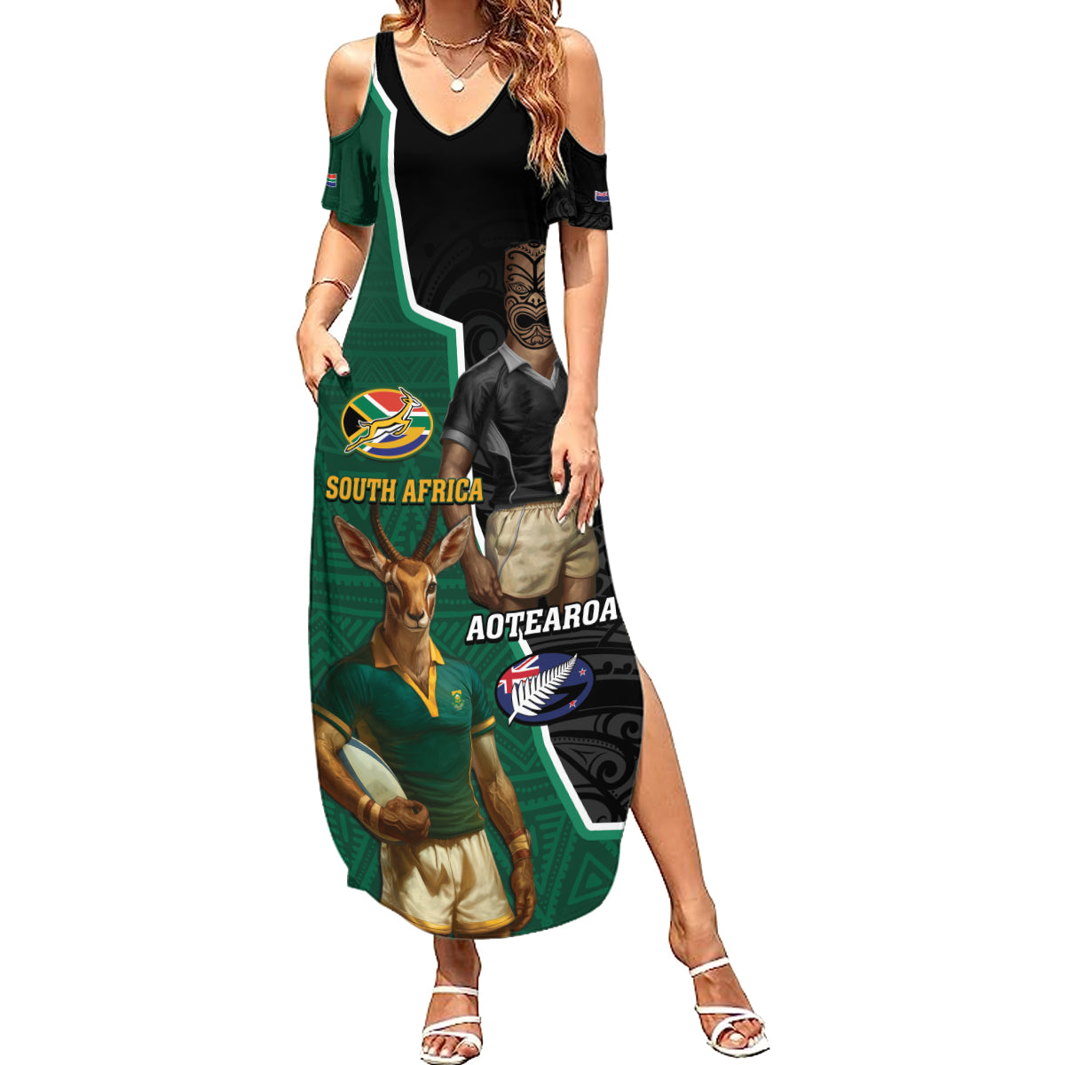 Personalised New Zealand And South Africa Rugby Summer Maxi Dress 2024 All Black Springboks Mascots Together - Wonder Print Shop