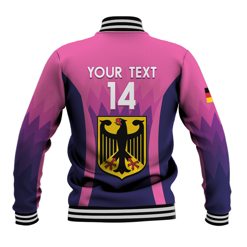 Unisex pink and navy baseball jacket with ribbed collar, 'YOUR TEXT' and number 14 on back