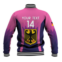 Unisex pink and navy baseball jacket with ribbed collar, 'YOUR TEXT' and number 14 on back