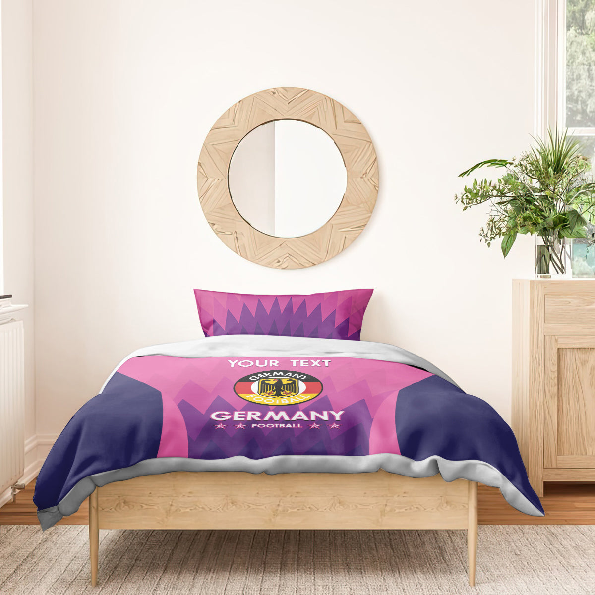 Pink Germany football bedding set with crest emblem and navy side panels