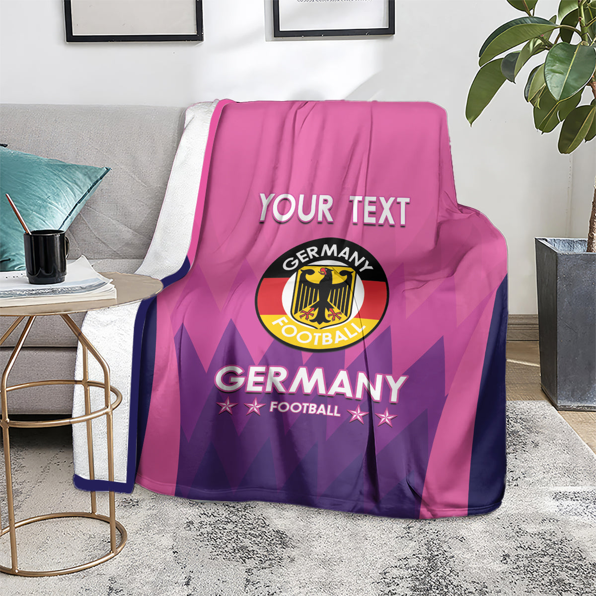 Pink Germany football blanket with "YOUR TEXT" and Germany crest on dark purple base