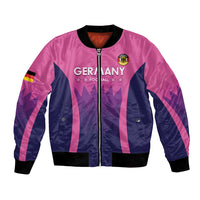 Pink and navy bomber jacket with front zip, ribbed cuffs, and Germany crest emblem