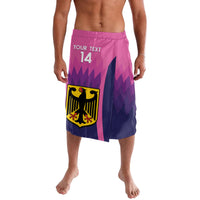 Pink lavalava-style football sarong skirt with number 14, crest, and geometric panels