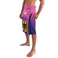 Pink lavalava-style football sarong skirt with number 14 and team crest