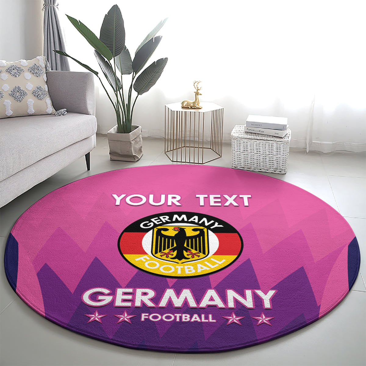Pink round football carpet featuring Germany crest and 'YOUR TEXT' lettering