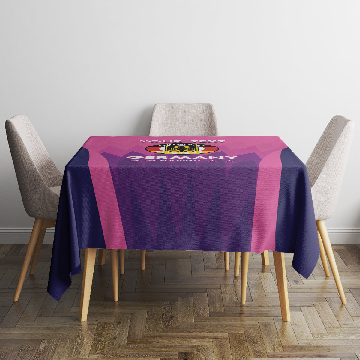 Pink and dark blue Germany football tablecloth with geometric pattern and centered crest