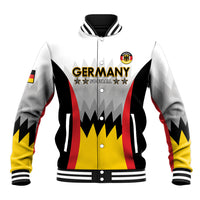 White baseball jacket with black, red, and yellow graphic, Germany crest and striped rib cuffs