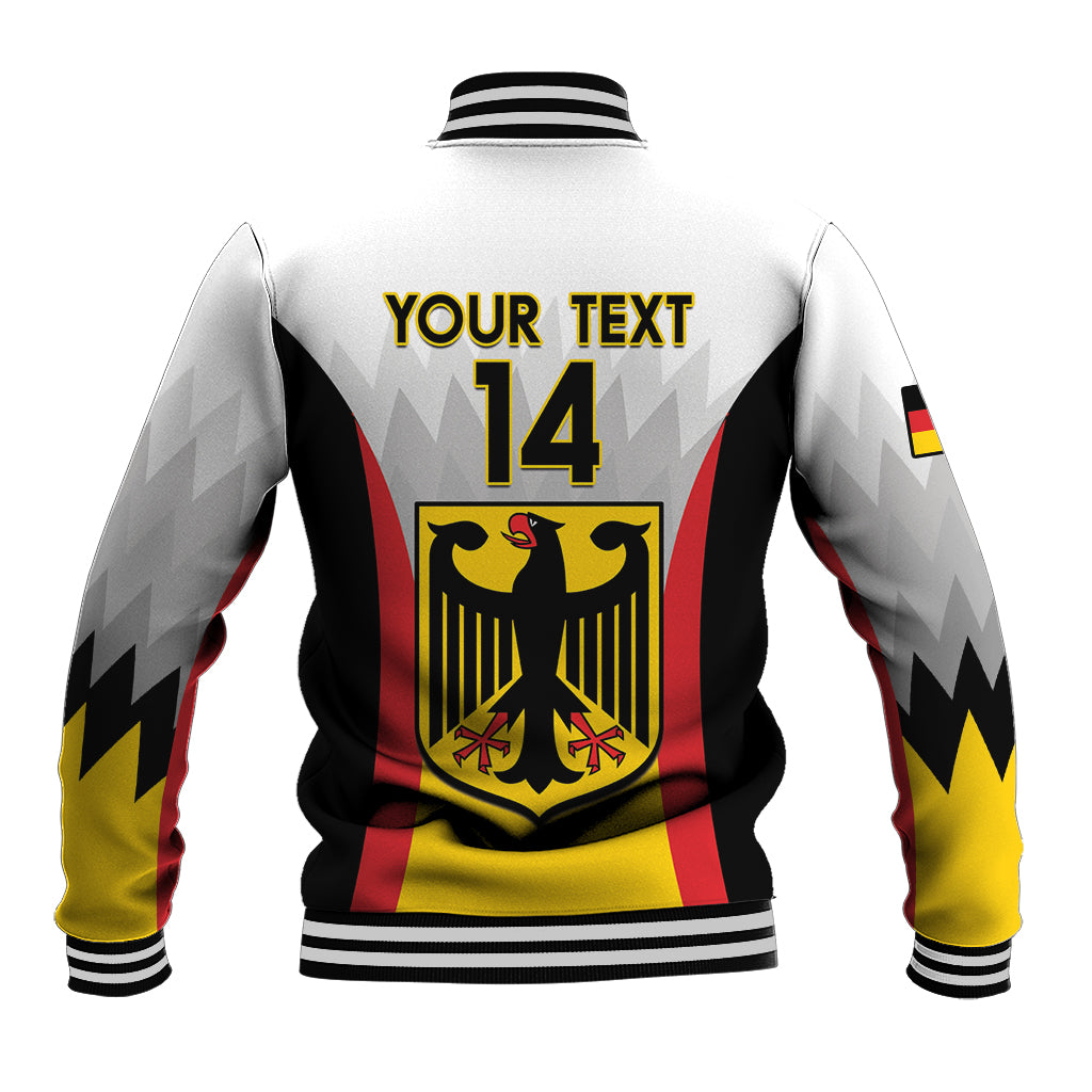 White baseball jacket back: 'YOUR TEXT 14', Germany crest, black red yellow panels