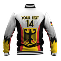White baseball jacket back: 'YOUR TEXT 14', Germany crest, black red yellow panels