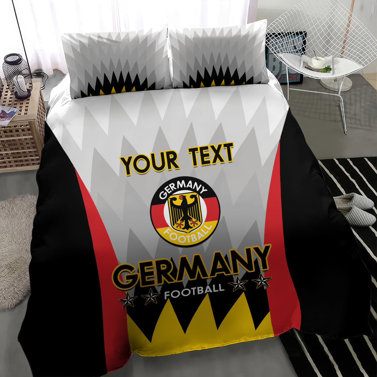 Germany football bedding set in black with red and yellow crest, “Germany” and “Your Text”.
