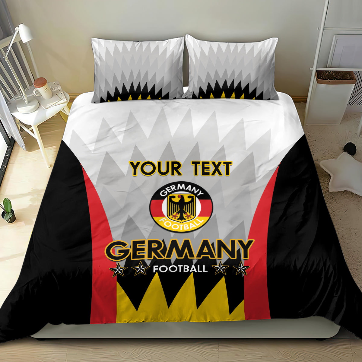 Germany football bedding set with black duvet, red stripes, yellow crest and “Germany” lettering.
